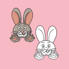 A set of pictures, A funny cute rabbit smiling and licking his lips, a vector illustration in cartoon style