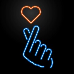 hand heart neon sign, modern glowing banner design, colorful modern design trends on black background. Vector illustration.