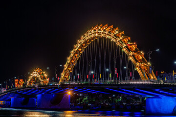 Night view of Dragon bridge, Da Nang, Vietnam.