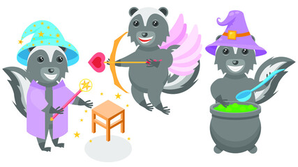 Set Abstract Collection Flat Cartoon Different Animal Skunk Cupid With Bow And Wings, Brewing A Potion In A Vat, The Wizard Applies Levitation On A Stool Vector Design Style Elements Fauna Wildlife
