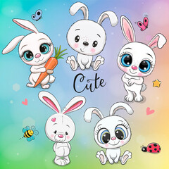 Cartoon White Rabbits isolated on a rainbow background