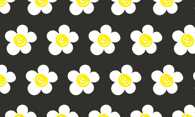 Seamless floral pattern. Hand drawn dasies on black background. Collage contemporary print. Fashionable template for design.