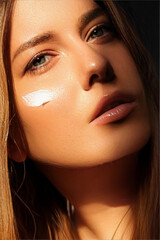 Beauty, suntan spf and skincare cosmetics model face portrait, woman with moisturising cream,...