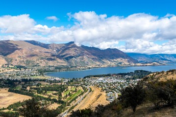 Beautiful shot of a town from the Mt Iron Track in Wanaka, Otago, South Island, New Zealand