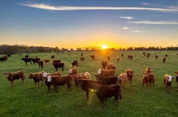 The sun sets on the horizon as cattle graze in the field.