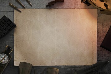 3d rendering of a blank military map on a desk surrounded by army equipment. - obrazy, fototapety, plakaty