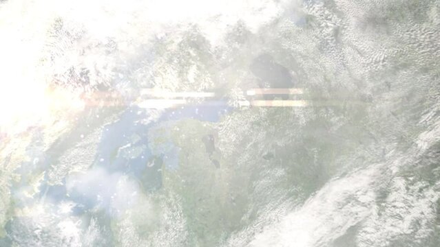 Earth zoom in from outer space to city. Zooming on Narva, Estonia. The animation continues by zoom out through clouds and atmosphere into space. Images from NASA