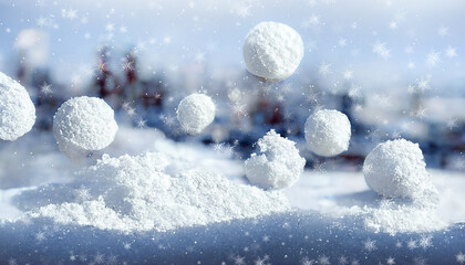 Fototapeta na wymiar Winter snow background. Blurred bokeh background. Snowy winter scene with snow balls. 3D illustration.