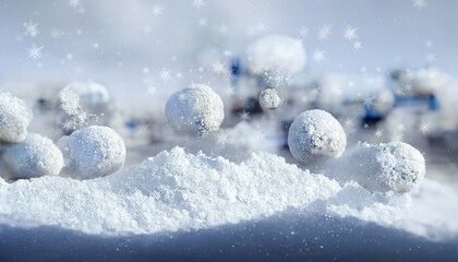 Winter snow background. Blurred bokeh background. Snowy winter scene with snow balls. 3D illustration.