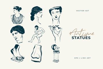 Linear drawings of heads of antique statues of the goddess and mythical god in the engraving style. Creative minimal linear woman vector with growing branch from her head.