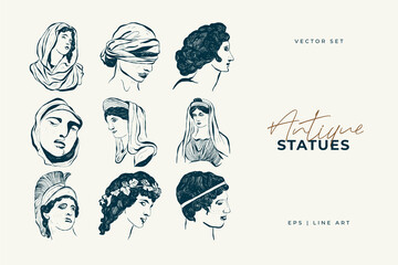 Linear drawings of heads of antique statues of the goddess and mythical god in the engraving style. Creative minimal linear woman vector with growing branch from her head.
