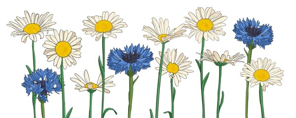 daisy and cornflower flowers, vector drawing wild plants isolated at white background , hand drawn botanical illustration - obrazy, fototapety, plakaty