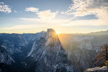 Aerial shot of Glacier Point against a sunset sky