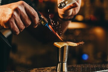 Close-up shot of a bartender burning a lemon with black pepper