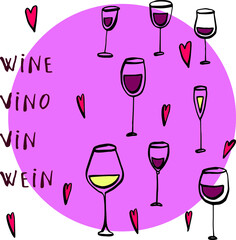 I Love Wine.
Illustrazione di calici e bicchieri di vino bianco e rosso con scritta in italiano, inglese, grancese e tedesco. 