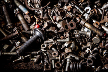 Set of the female screw and bolts. Iron texture background.
