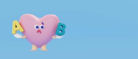 3Dレンダリング／3Dイラスト）二つの選択肢で悩むハートのキャラクター　横長テンプレート　決断