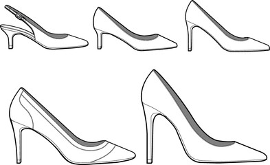 Set of female shoes with different size of heels design on a white background