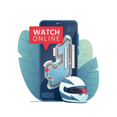 Smartphone with a racing track and a racing helmet. Motorsport online. Watch motorsport, online. Auto racing on a smartphone. Vector illustration