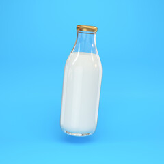 Glass bottle with milk floating on a blue background, 3d render