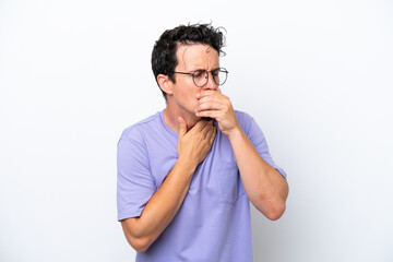 Young man with moustache isolated on white background coughing a lot
