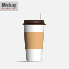 realistic blank mockup of paper cups with plastic lids, hot coffee mugs, White plastic disposable cup with lid for cold beverage - soda, ice tea or coffee, cocktail, milkshake, juice. 3d illustration