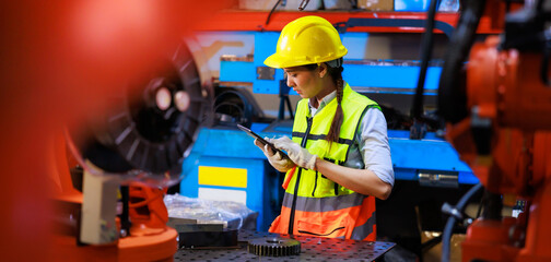 Female industrial factory engineer and technician worker wearing safety vest and hard hat helmet use laptop computer working. Metal lathe industrial manufacturing factory. Opertor automation robot