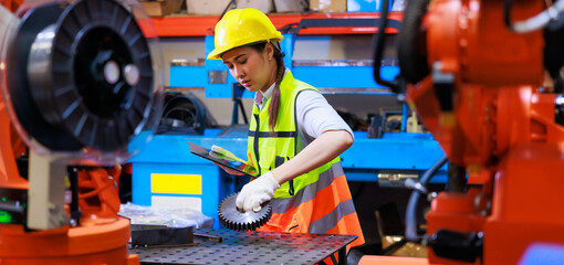 Female industrial factory engineer and technician worker wearing safety vest and hard hat helmet use laptop computer working. Metal lathe industrial manufacturing factory. Opertor automation robot