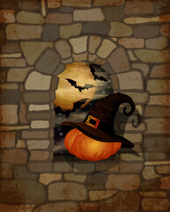 Happy Halloween background with pumpkin in witch hat. vector illustration