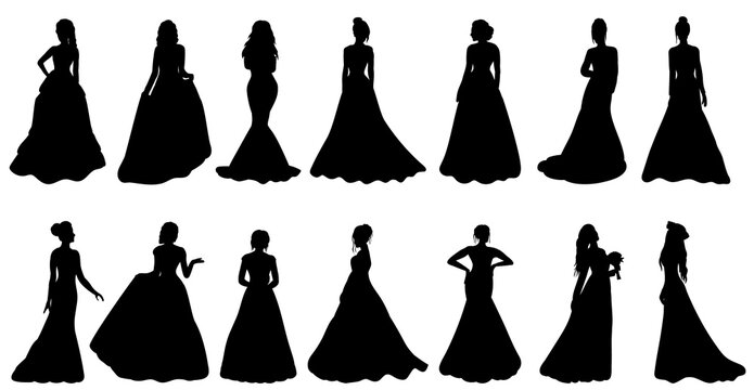 princesses, bride collection silhouette set isolated, vector