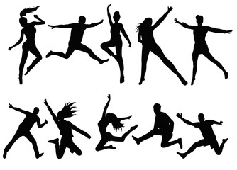 jumping people collection silhouette set isolated, vector
