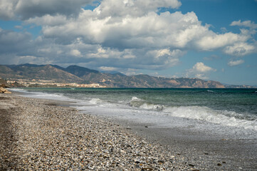 Aerial panoramic view on coastline in Torrox Costa, Costa del Sol, small touristic town between Malaga and Nerja, Andalusia, Spain