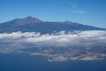 Aerial panoramic view on Tenerife island with peak of Mount Teide, volcatic landscape, Canary islands, Spain