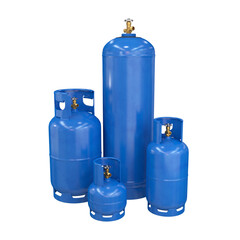 A group of gas cylinders of different sizes in blue, 3d render