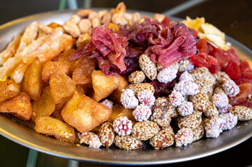 Turkish and Middle East dessert and finger food, assortment of nuts, dried fruits and berries