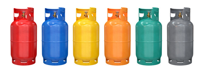 A set of medium-sized gas cylinders of various colors, 3d render
