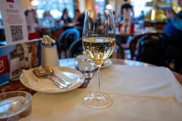 Lifestyle of Vienna, glass of white dry Austrian wine served in old Viennese-style cafe in Vienna, Austria