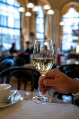 Lifestyle of beautiful Vienna, glass of white dry Austrian wine served in old Viennese-style cafe in Vienna, Austria