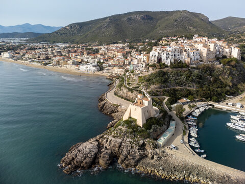 Summer vacation destination on Tyrrhenien sea old village Sperlonga with sandy beaches and old white houses