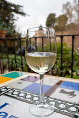 Glass of Spanish dry white wine served on outdoor terrace with view on red walls of Andalusian fortress Alhambra in Granada, Spain