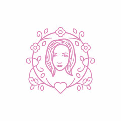 Woman Line Art Minimalist Logo. Nature Organic Cosmetics Makeup. Flower head Feminine Illustration line drawing. Woman face with flowers line