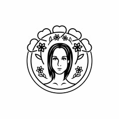 Woman Line Art Minimalist Logo. Nature Organic Cosmetics Makeup. Flower head Feminine Illustration line drawing. Woman face with flowers line