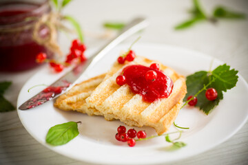 fried bread croutons for breakfast with redcurrant jam in a plate with berries