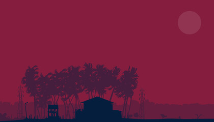 Attractive reddish background of a village. This silhouette wallpaper contain with a house, coconut trees, electric post and moon. This indicated the natural beauty of a developing village.  