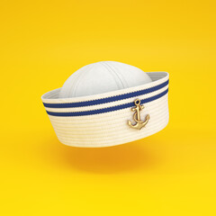 Sailor hat white with blue stripes and a golden anchor floating on a yellow background, 3d render © salamahin