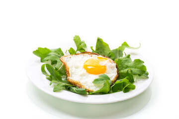 one fried egg with arugula and lettuce in a plate