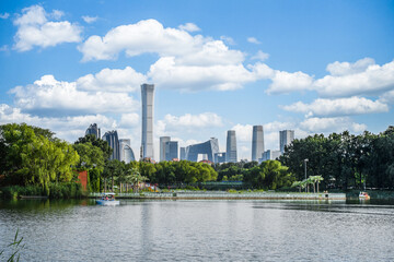 Fototapeta na wymiar Beijing CBD city buildings blue sky and white clouds
