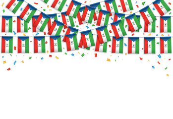 Equatorial Guinea Union flags garland white background with confetti, Hang bunting for celebration template banner, Vector illustration