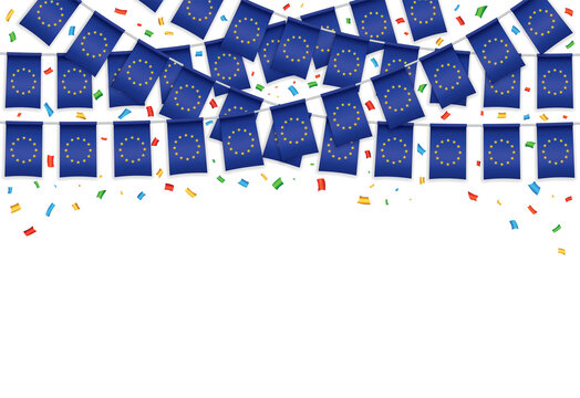 European Union Flags Garland White Background With Confetti, Hang Bunting For Celebration Template Banner, Vector Illustration