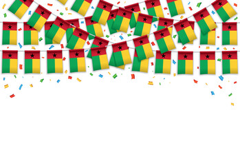 Guinea Bissau flags garland white background with confetti, Hanging bunting for Independence Day celebration template banner, Vector illustration